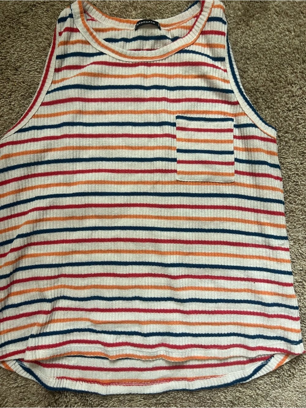 Staccato White Ribbed Stripe Top with Navy, Coral and Red